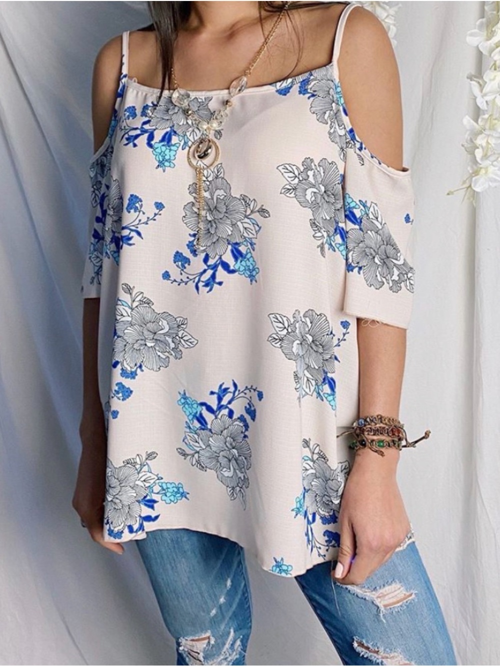 Cold-Shoulder Floral Tunic in Beige and Blue